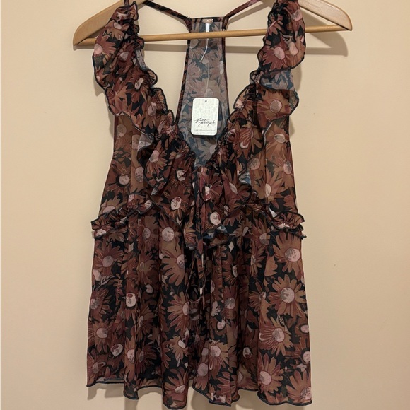 Free People Tops - NWT Free People Floral Ruffle V-Neck Sheer Camisole - Brown & Pink